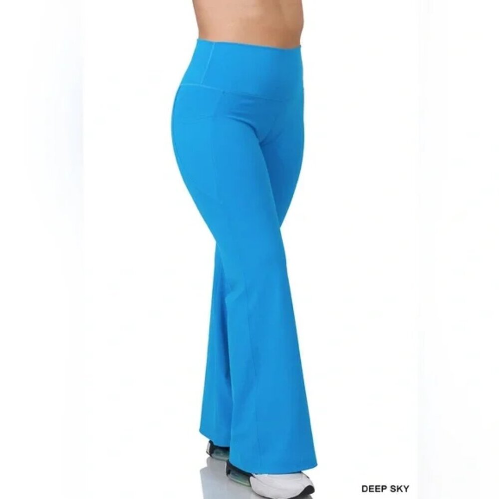 ZENANA PLUS PREMIUM COTTON FOLD OVER YOGA FLARE PANTS DEEP SKY S-M-L-…